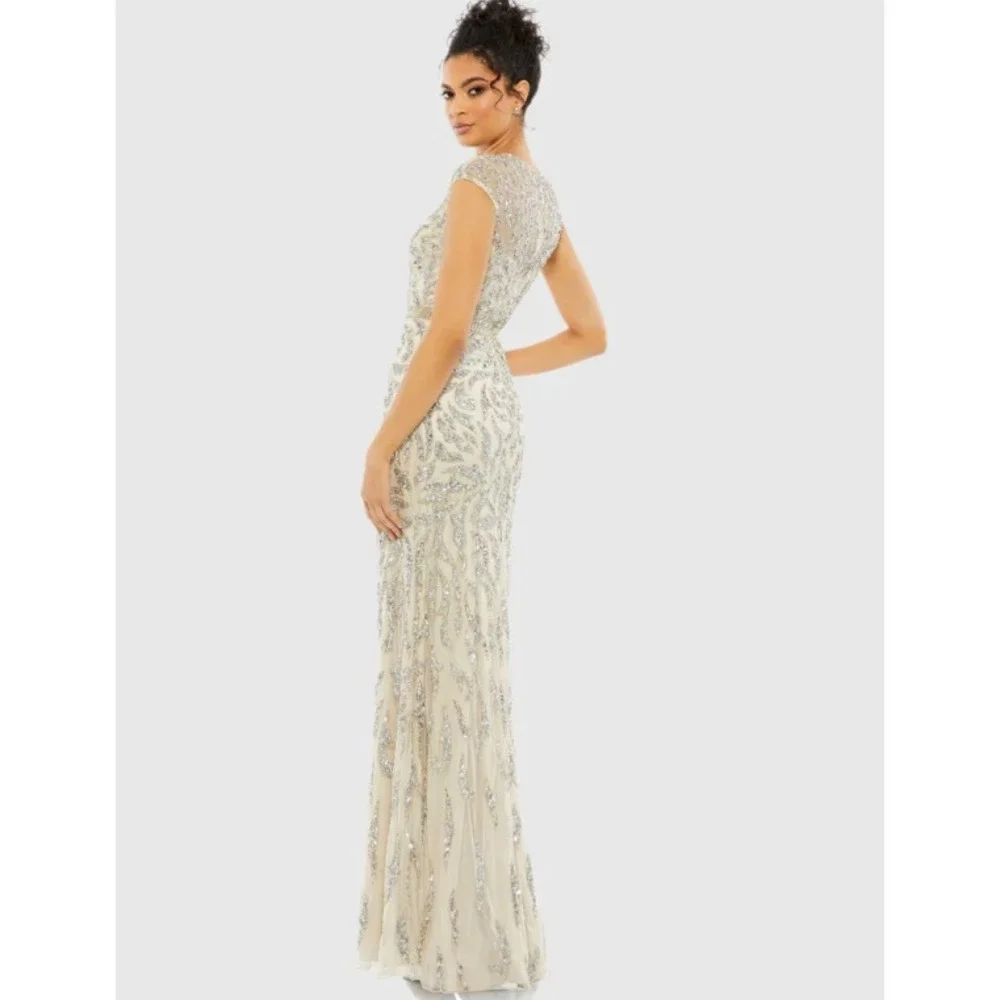 Mac Duggal Nude Silver Illusion Sheer Cap Sleeve Bead Sequin Belted Modest 5532 - Picture 2 of 16